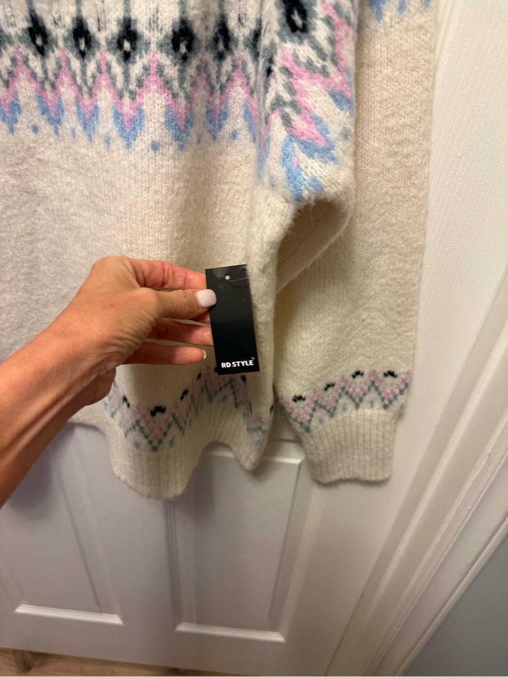RD Style Cream Fair Isle Mock Neck Sweater with Pastel Pink and Blue Accents - Picture 5 of 7